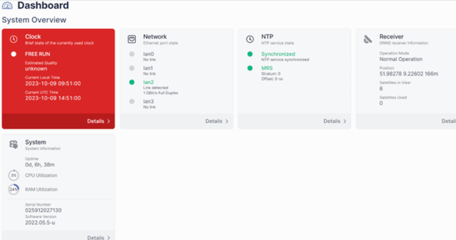 Meinberg Dashboard showing the system in Free Run Mode