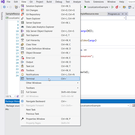 Open the .NET CLI / Terminal through the View menu