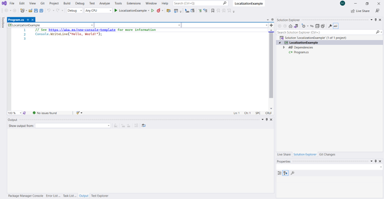 Created project viewed in Visual Studio