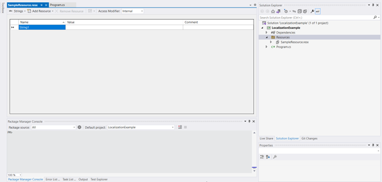 View of the “SampleResource.resx” table