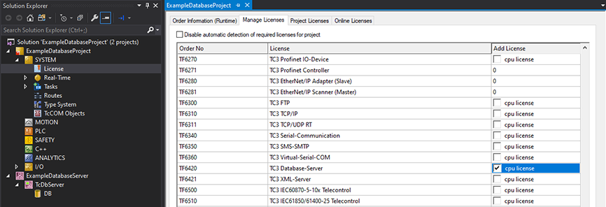 Add TF6420 TC3 Database-Server License