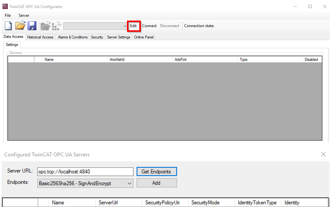 TwinCAT OPC UA Configurator Edit