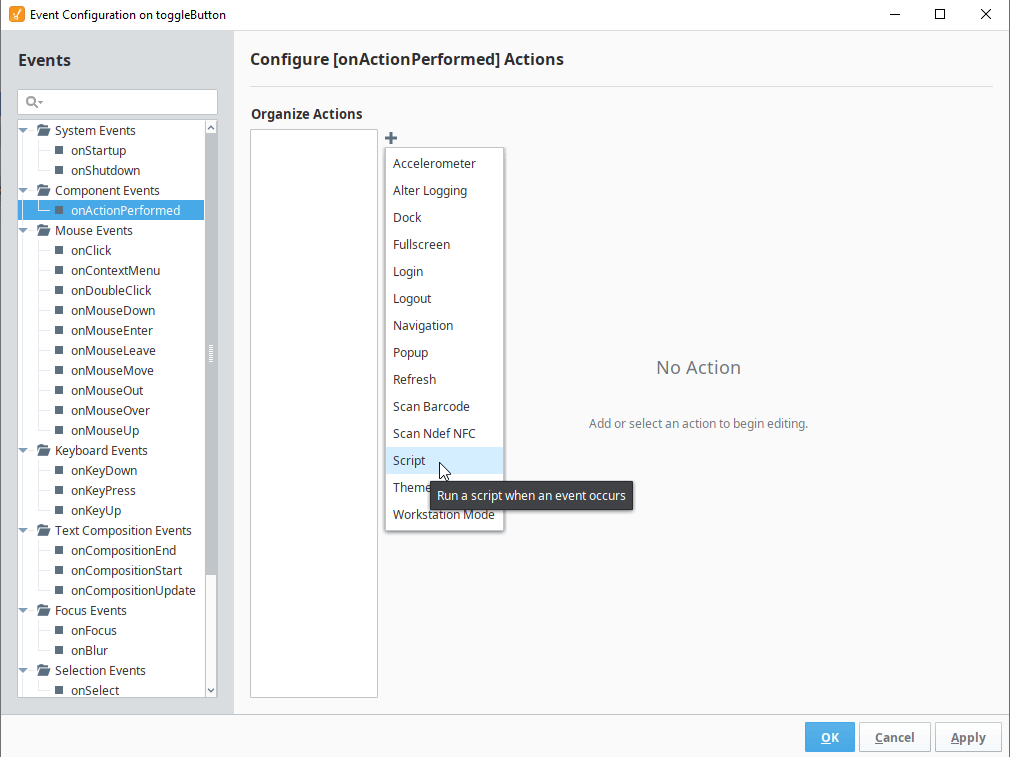 Configure a script action on the onActionPerformed event