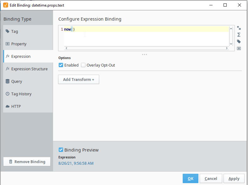 Create an expression binding to show the current date