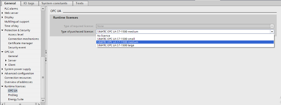 Activating OPC UA license in Siemens TIA Portal