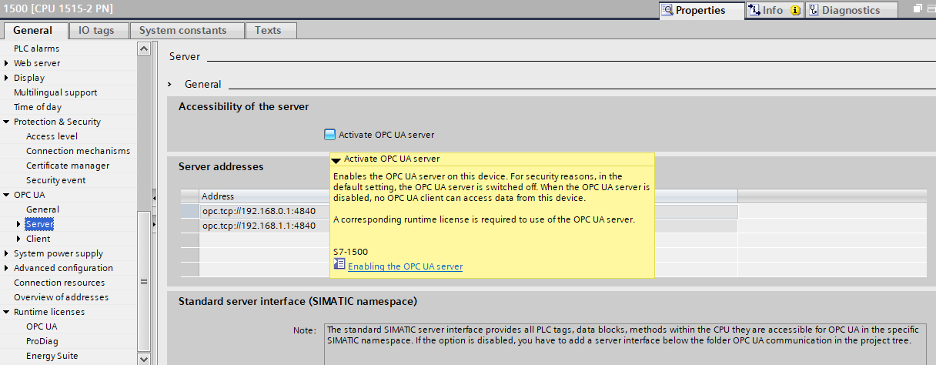 Activating OPC UA server in Siemens TIA Portal