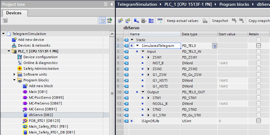 siemens telegram simulation in TIA Portal