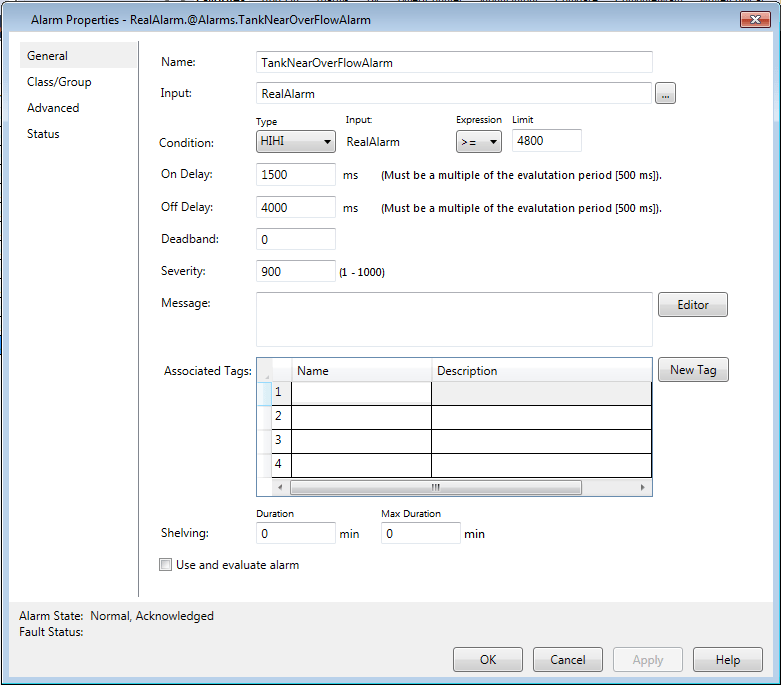 The alarm properties menu allows one to set many aspects of the behavior of their alarms that would ordinarily have to be contained within ladder logic and increase scan time