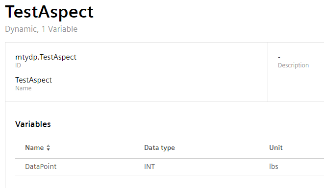 A simple aspect containing only one data point. Remember to match aspect units to units set on Datapoints in the OA configuration