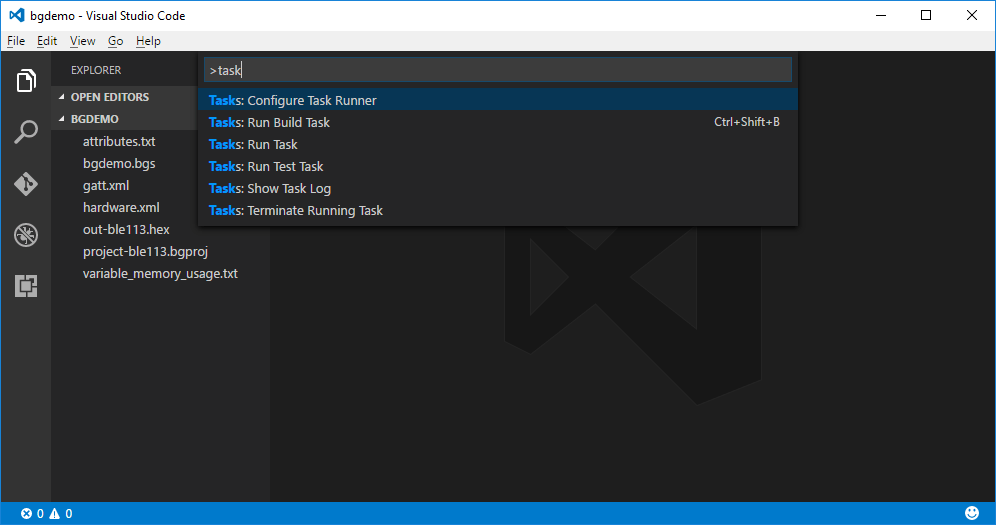 Visual Studio Code Command Palette - selecting Tasks: Configure Task Runner