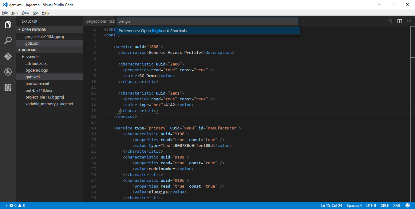 Visual Studio Code Command Palette - selecting open keyboard shortcuts