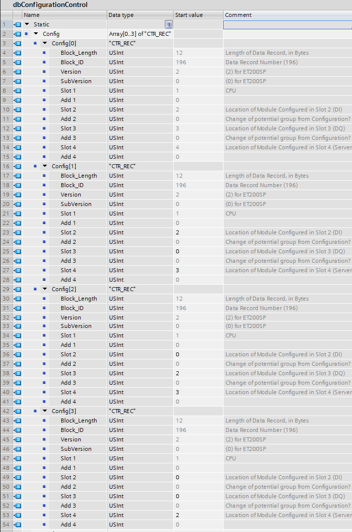 Screenshot of the dbConfiguationControl selections.