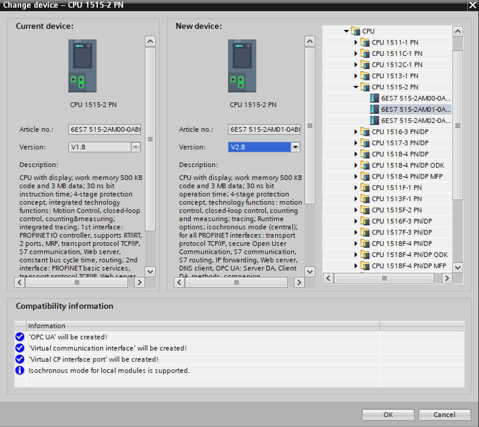 Changing S7-1500 PLC device version in Siemens TIA Portal