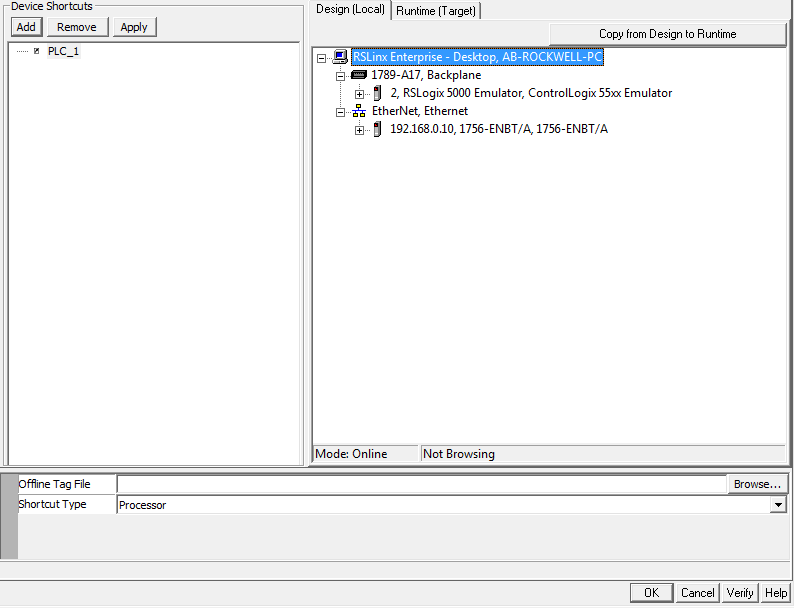 Communication setup window FactoryTalk View ME