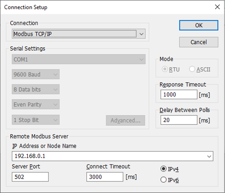 Connection Setup dialog in Modbus Poll