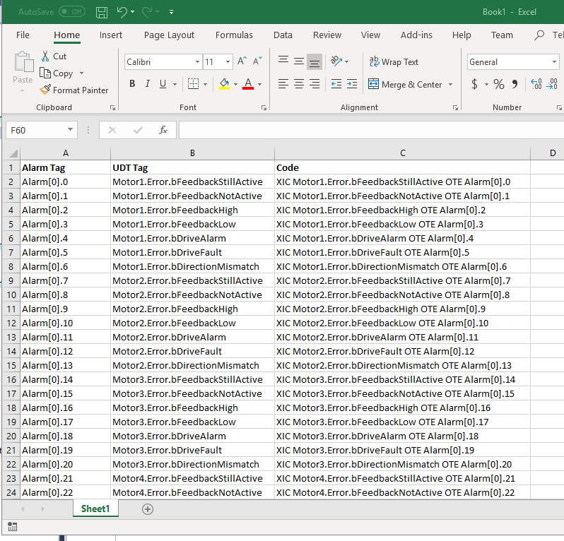 Generate alarm code in excel