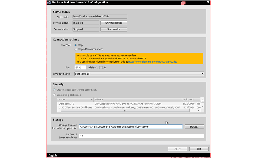 TIA Portal Multiuser Server Configuration Tool Configuration