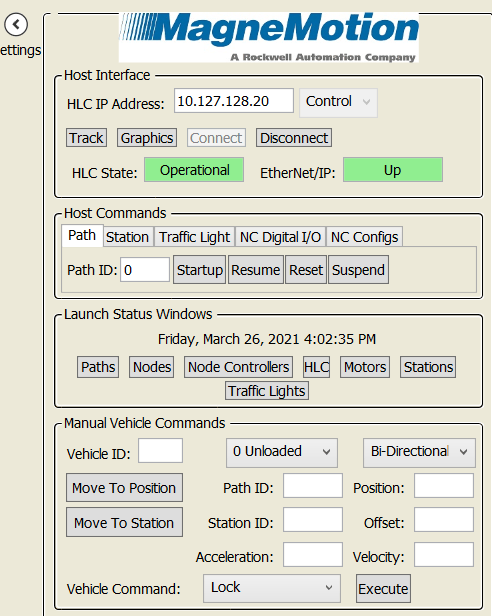 MagneMotion host interface menu