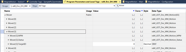 Magnemotion program parameters and local tags