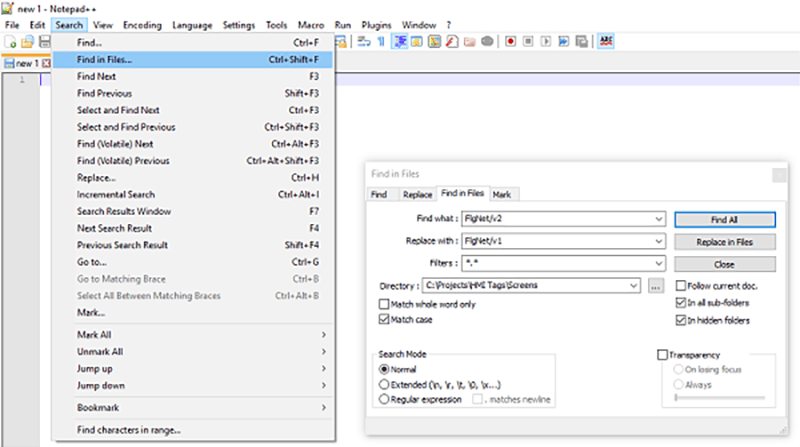 Notepad++ find and replace for multiple files