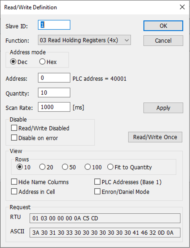 Read/Write Definitions setup menu in Modbus Poll