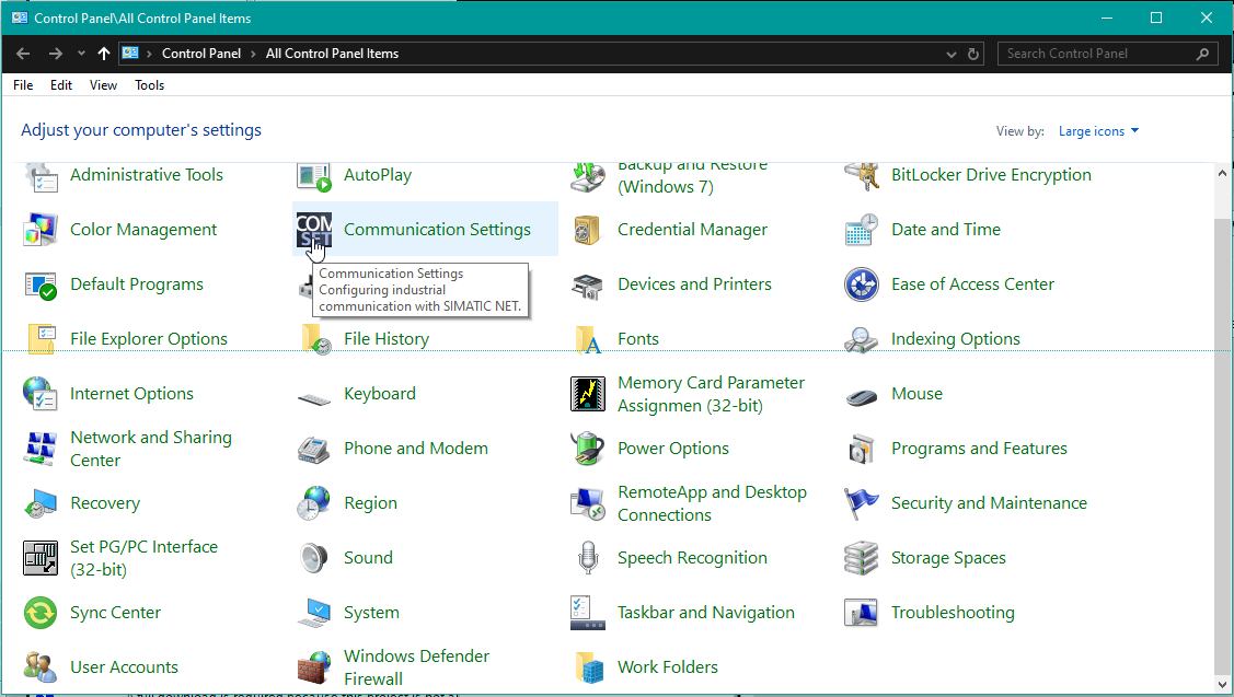 Siemens Communication Settings Windows Control Panel