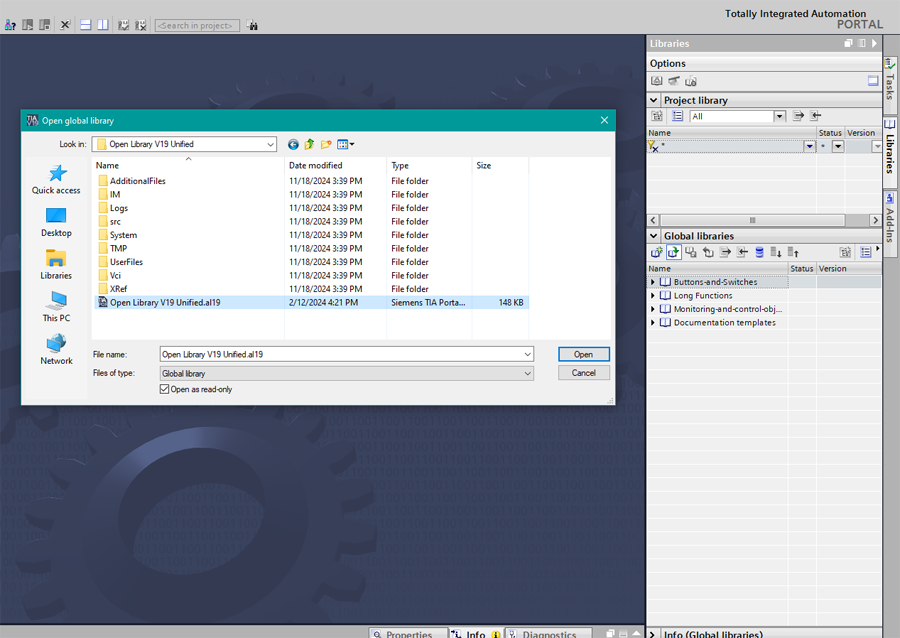 Opening the Siemens Open Library in TIA Portal V19