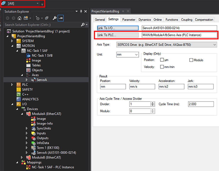 TwinCAT project variants interface