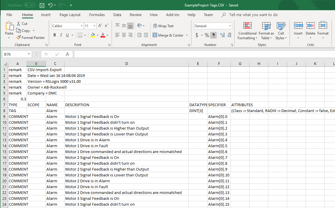 Commented alarm tags in excel