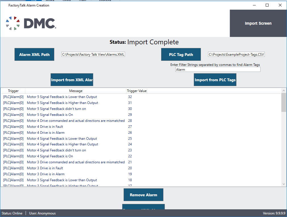 Alarm generation tool xml conversion