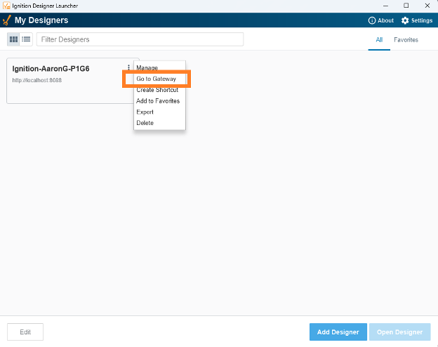 Ignition designer launcher gateway
