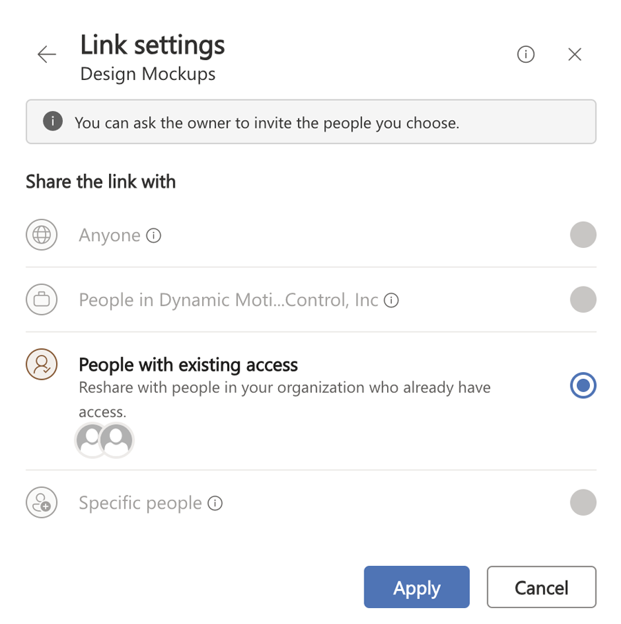 Link settings window in SharePoint Online