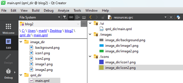 Resources as they are arranged on the file system (left side) and in the QRC file (right side).