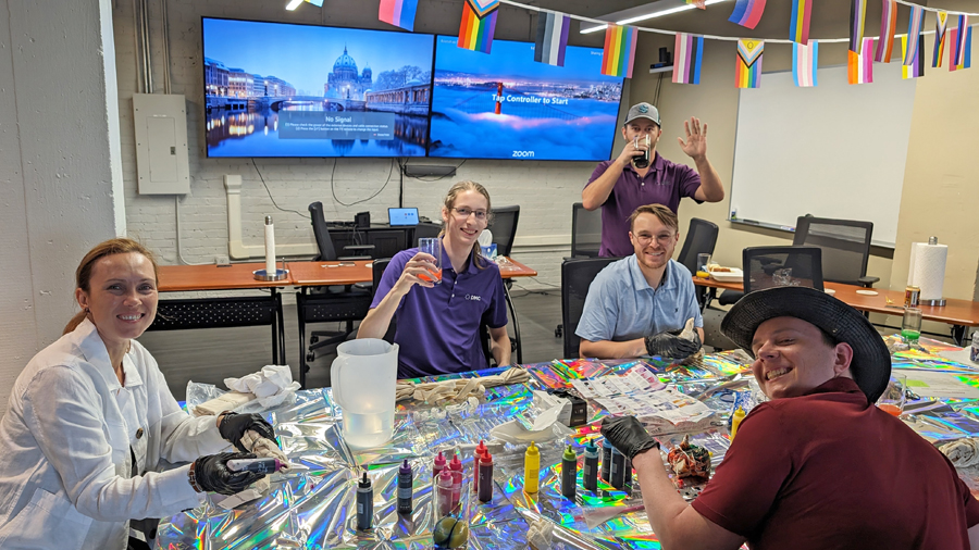 Employees tie-dyeing for pride in Denver